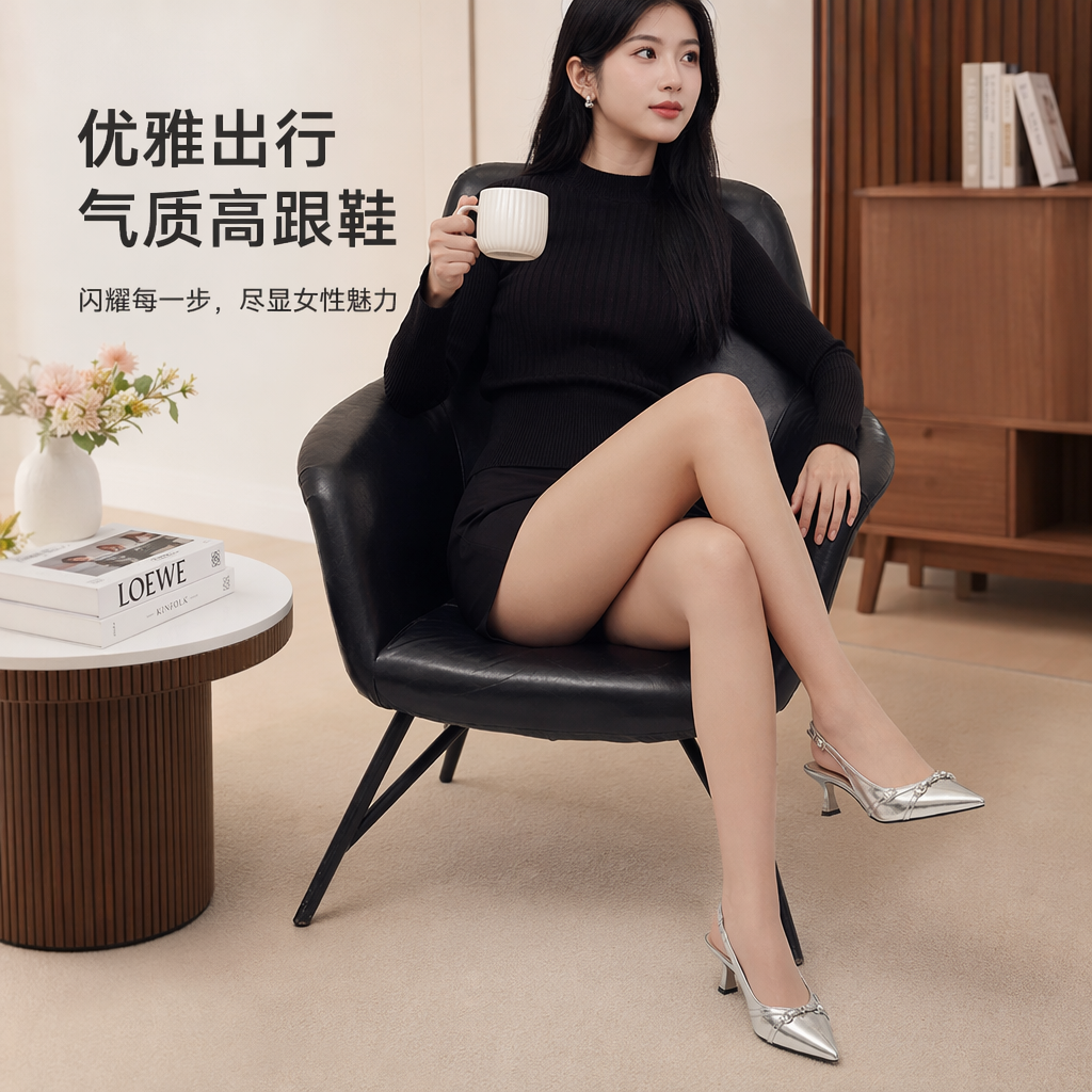 Silver high-heeled sandals for women in summer can make legs look longer, exude elegance and are versatile details Picture
