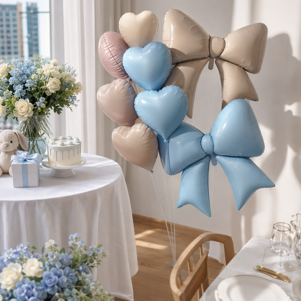 Light blue beige bow-shaped heart-shaped aluminum foil balloon set details Picture