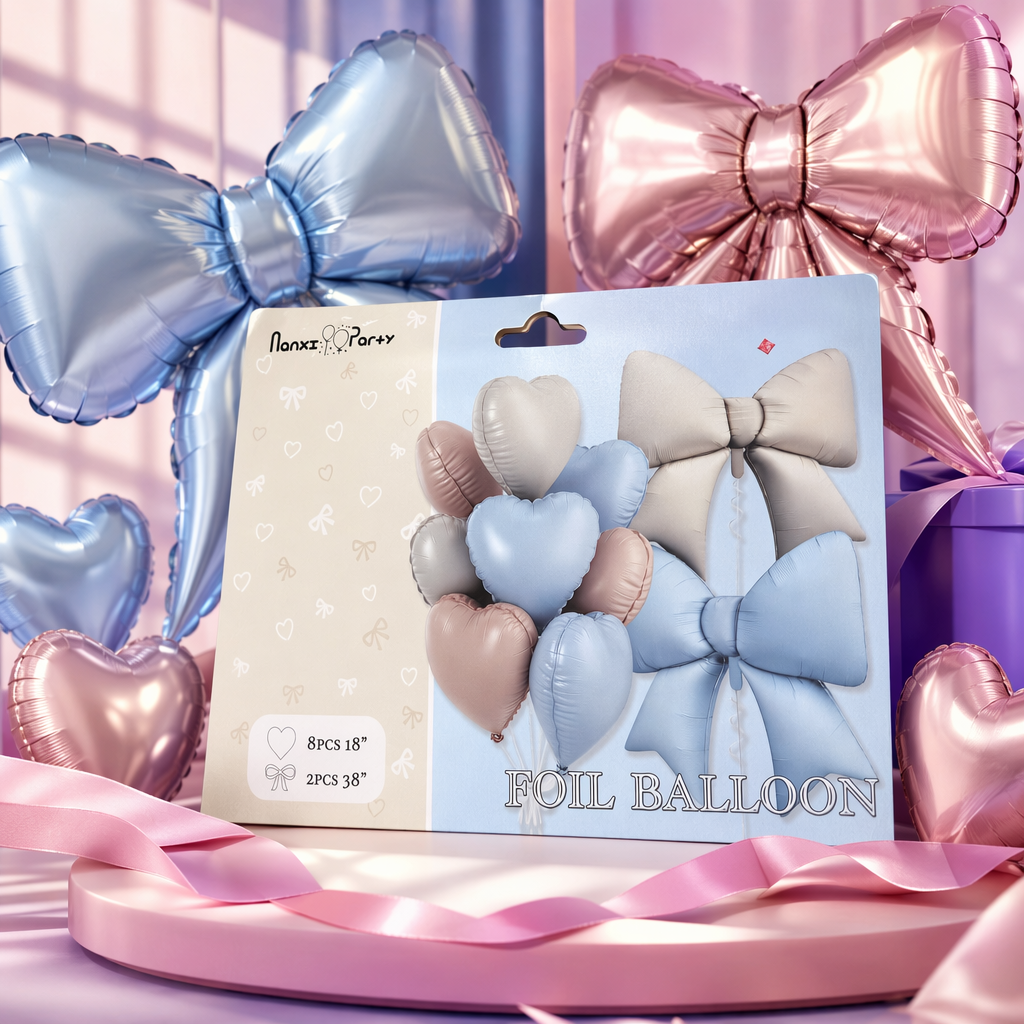 Light blue beige bow-shaped heart-shaped aluminum foil balloon set Specification image