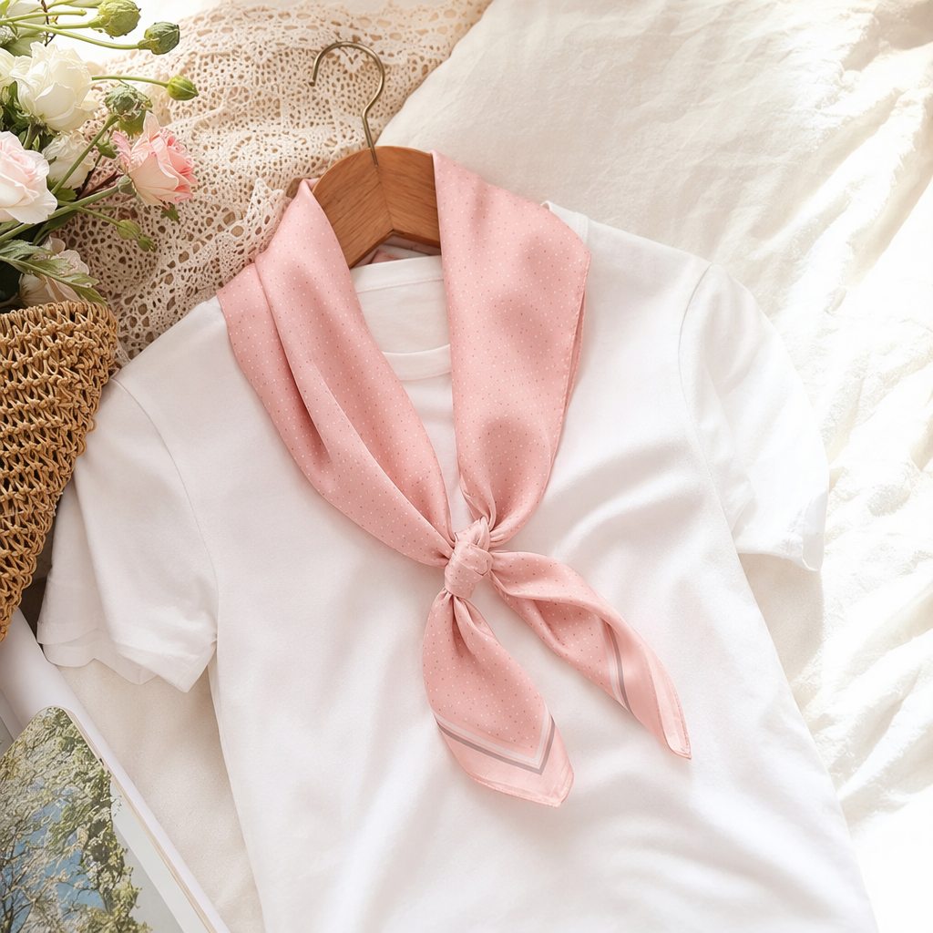 The pink polka dot chiffon scarf is light and breathable, a must-have for spring and summer outfits details Picture