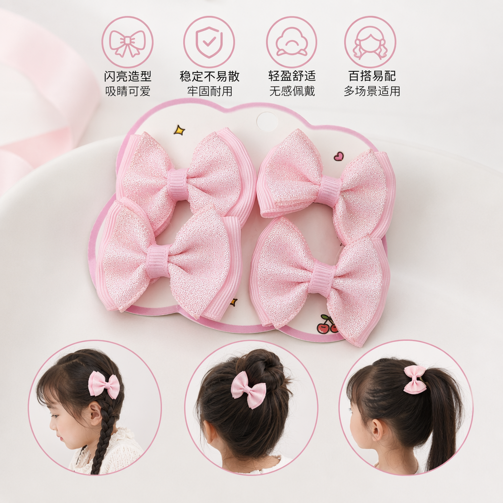 粉色亮片蝴蝶结发饰女童可爱甜美头饰小清新扎发装饰