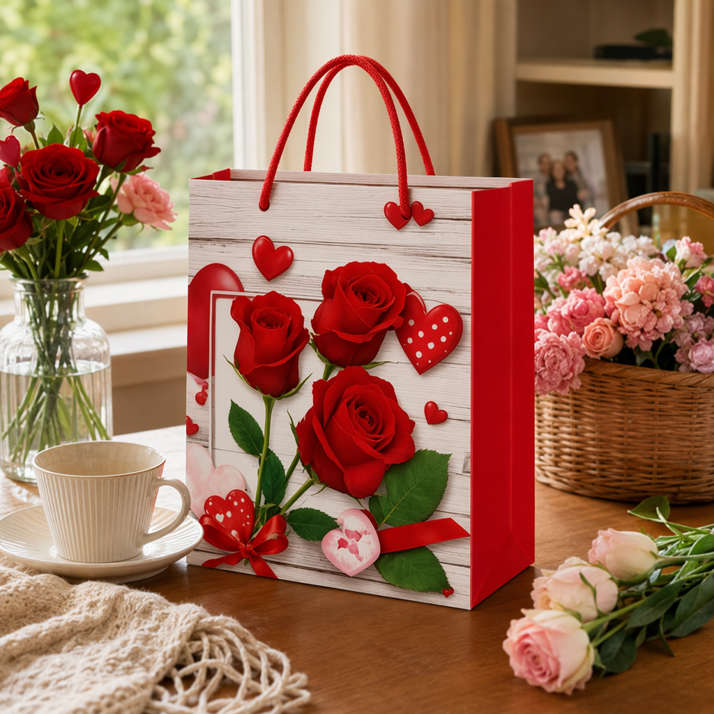Red rose heart-shaped gift bag, velvet texture hand-held gift box packaging bag details Picture