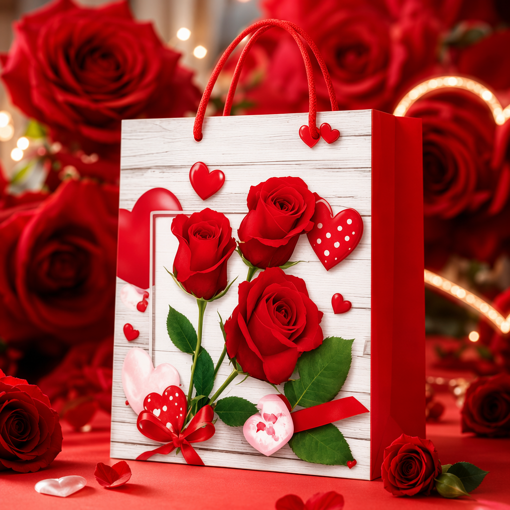 Red rose heart-shaped gift bag, velvet texture hand-held gift box packaging bag Specification image