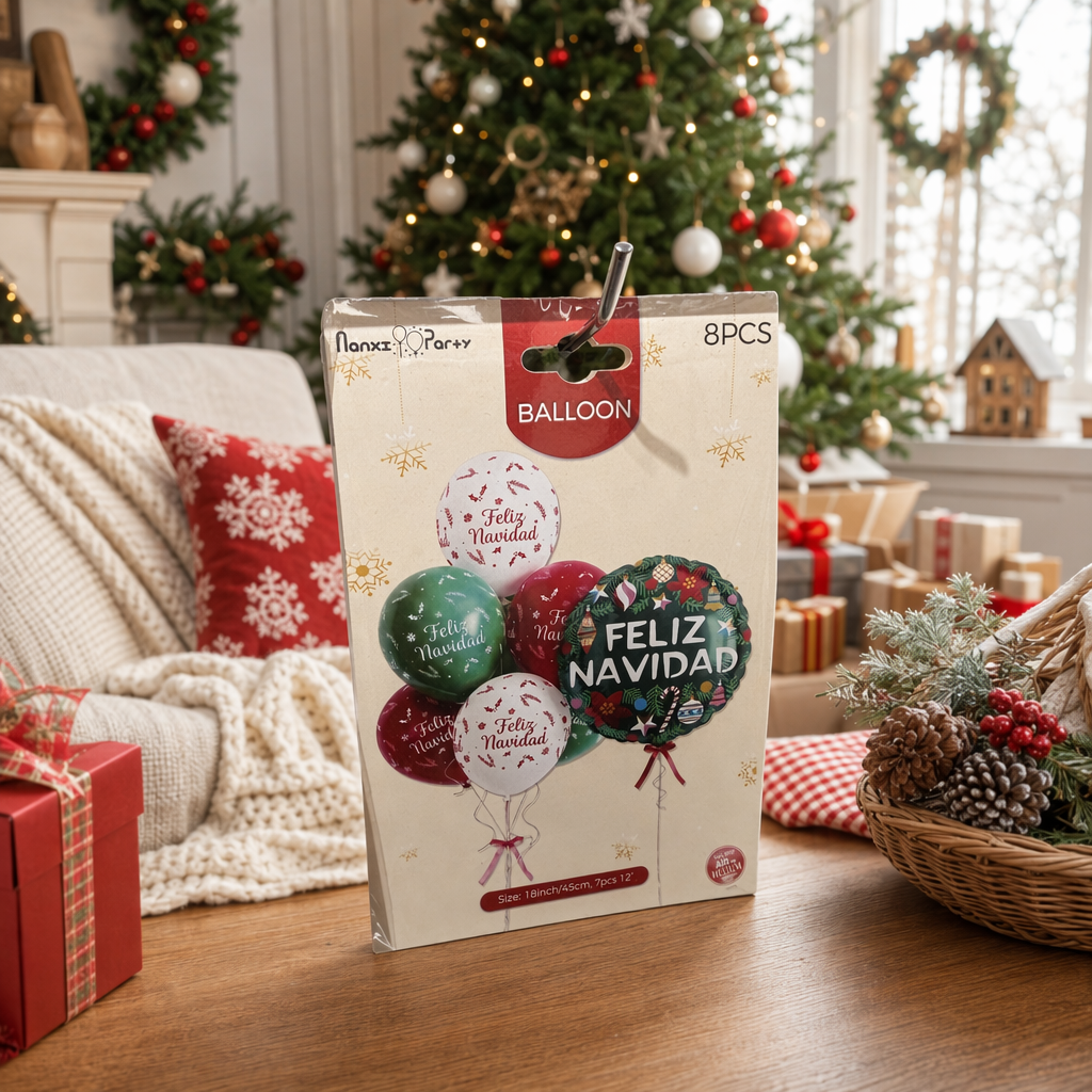 Christmas-themed balloon set in green, red and white with Feliz Navidad holiday patterns details Picture