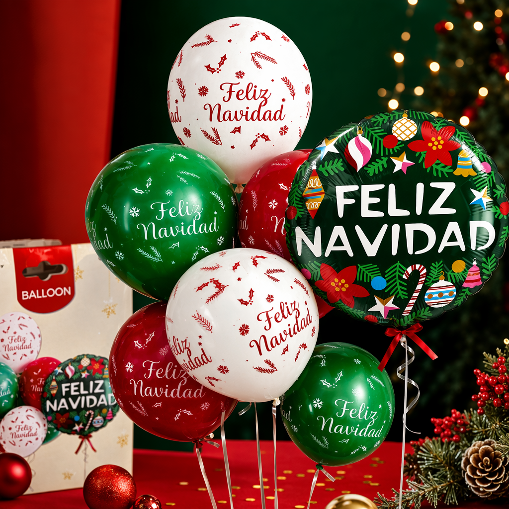 Christmas-themed balloon set in green, red and white with Feliz Navidad holiday patterns Specification image