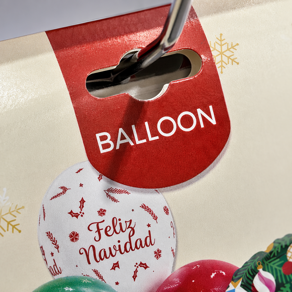 Christmas-themed balloon set in green, red and white with Feliz Navidad holiday patterns Application Scenario