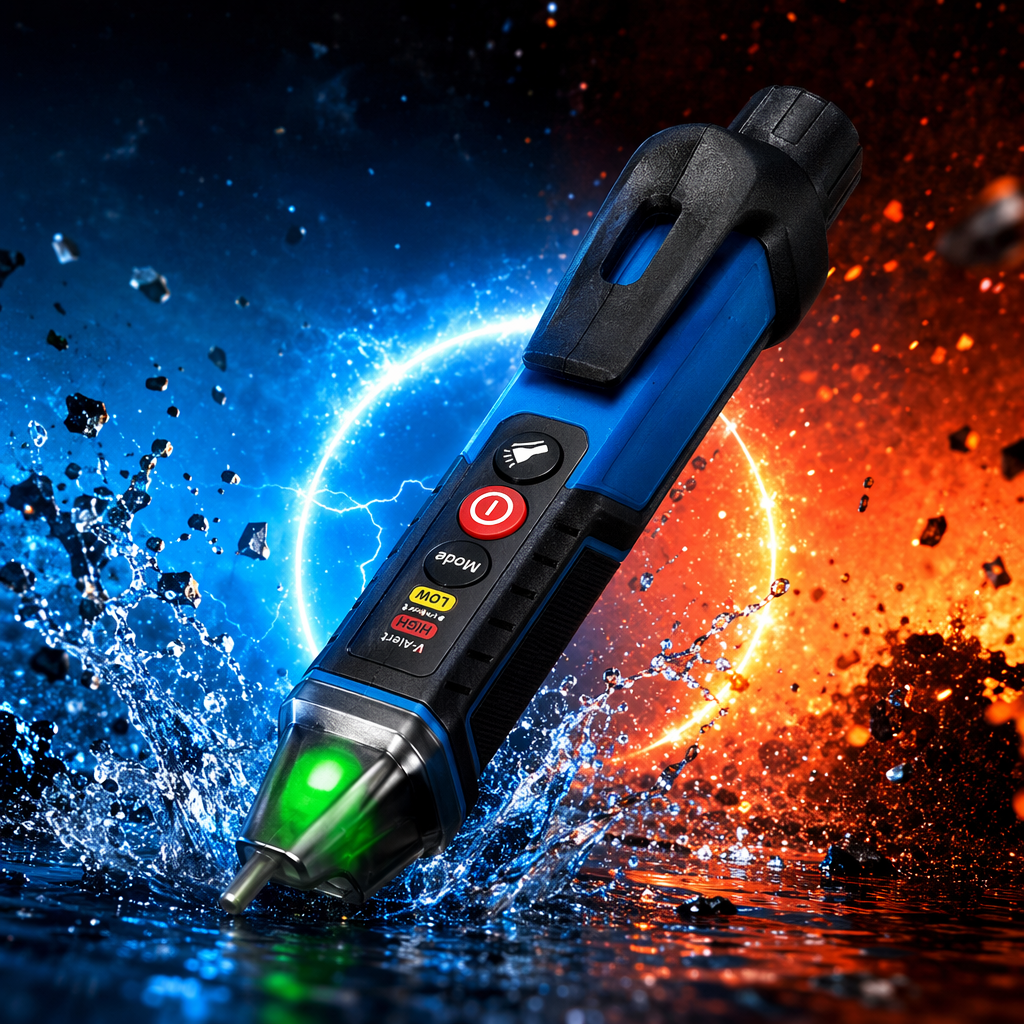 The blue handheld non-contact voltage detection pen can be inserted into the socket hole. It is a household safety voltage detection tool Specification image