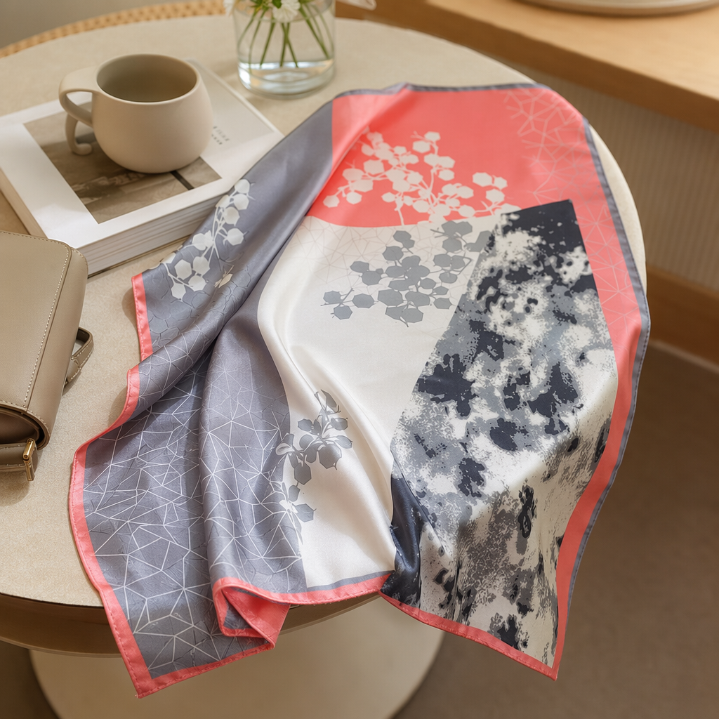 This pink border and grayish-white abstract pattern silk scarf is a fashionable and versatile spring and summer scarf for women details Picture