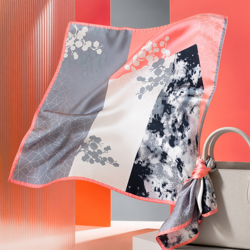 This pink border and grayish-white abstract pattern silk scarf is a fashionable and versatile spring and summer scarf for women Specification image
