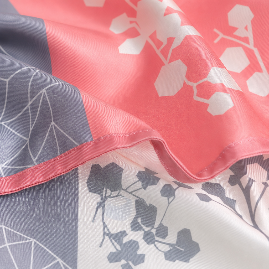This pink border and grayish-white abstract pattern silk scarf is a fashionable and versatile spring and summer scarf for women Application Scenario