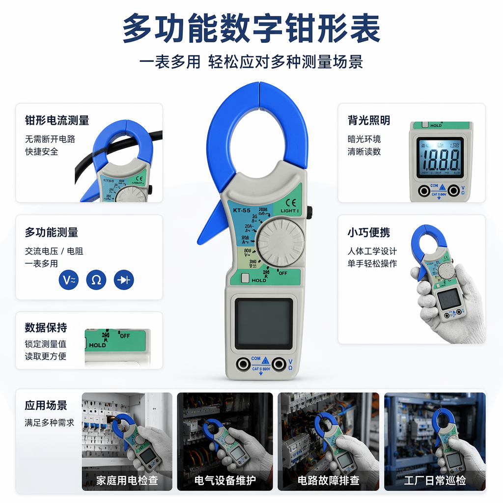 Blue clamp-on multimeter digital multi-functional AC/DC current, voltage and resistance tester