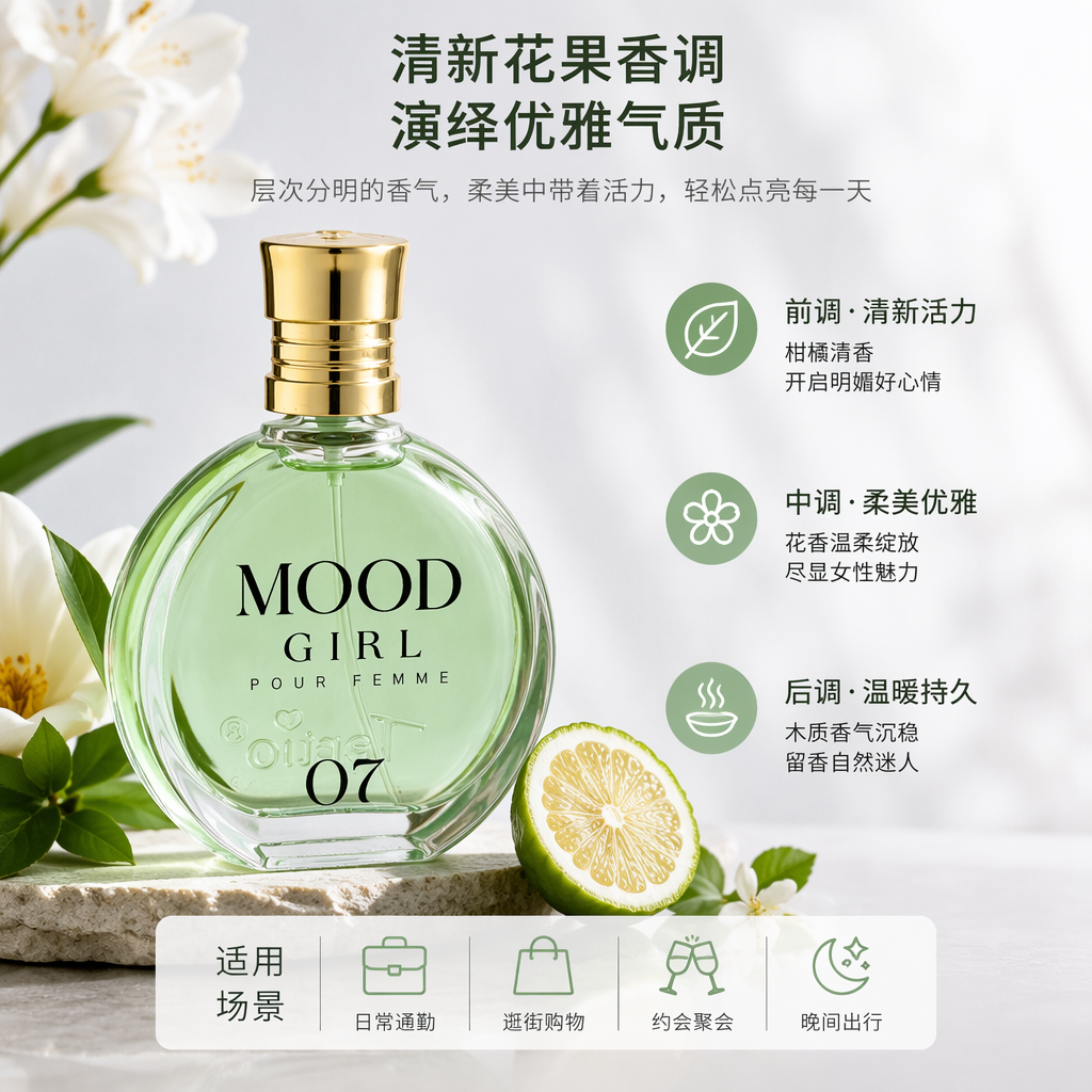 A high-end and simple fragrance container gift box with a green glass perfume bottle and a purple packaging box