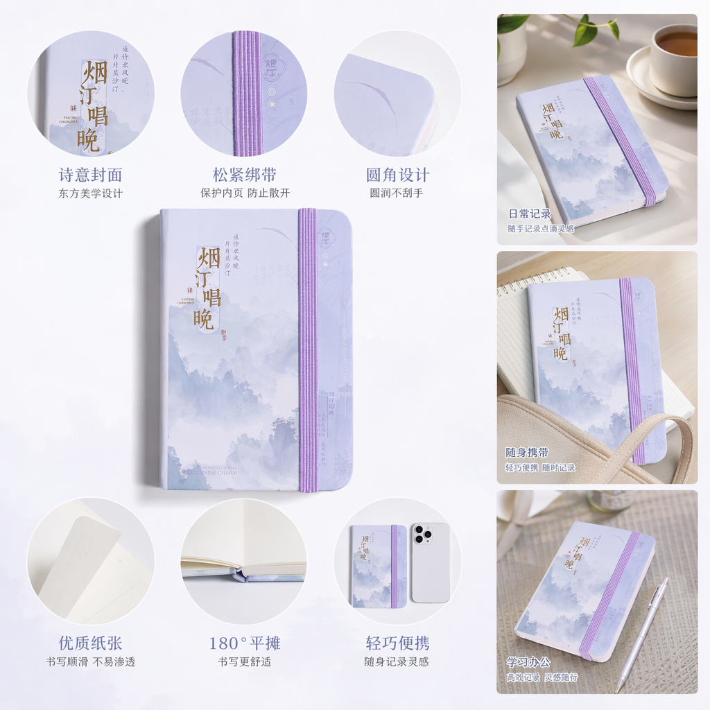 The light purple strap-tied notebook features an ink-wash landscape painting cover with a calligraphy background