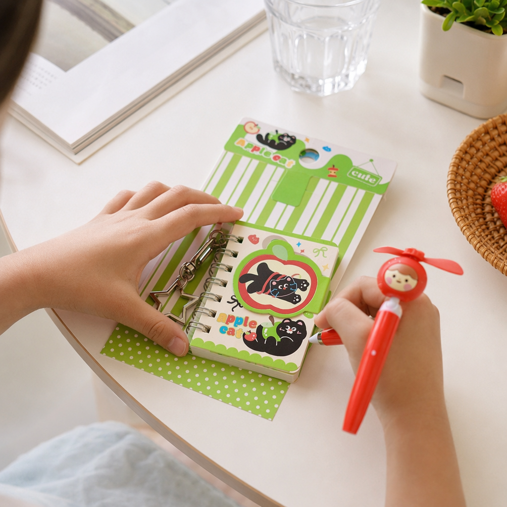 Apple Cat-themed green striped stationery set with star-shaped keychain, spiral notebook and Apple decoration details Picture