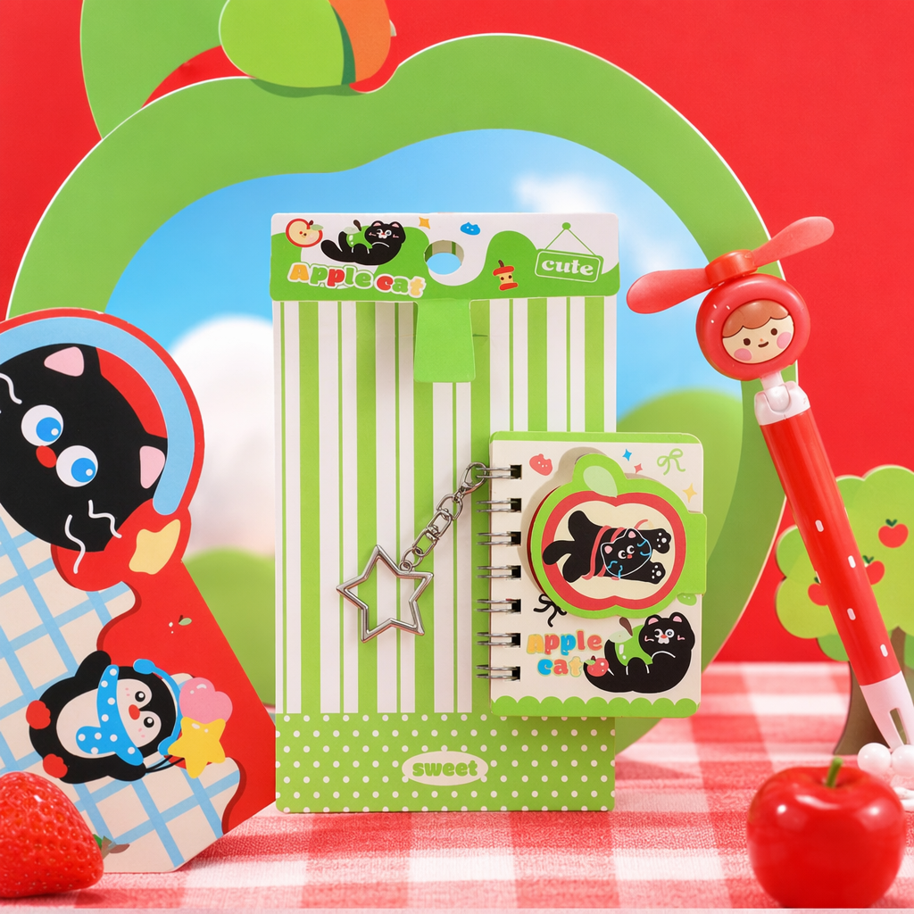 Apple Cat-themed green striped stationery set with star-shaped keychain, spiral notebook and Apple decoration Specification image