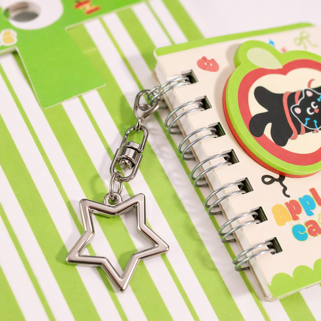 Apple Cat-themed green striped stationery set with star-shaped keychain, spiral notebook and Apple decoration Application Scenario