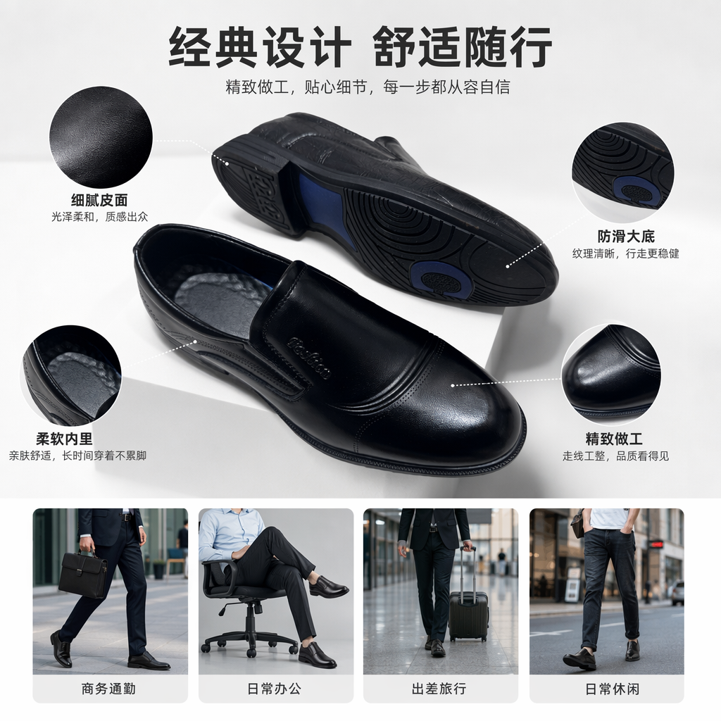 黑色真皮男士商务休闲皮鞋经典百搭简约正装男鞋