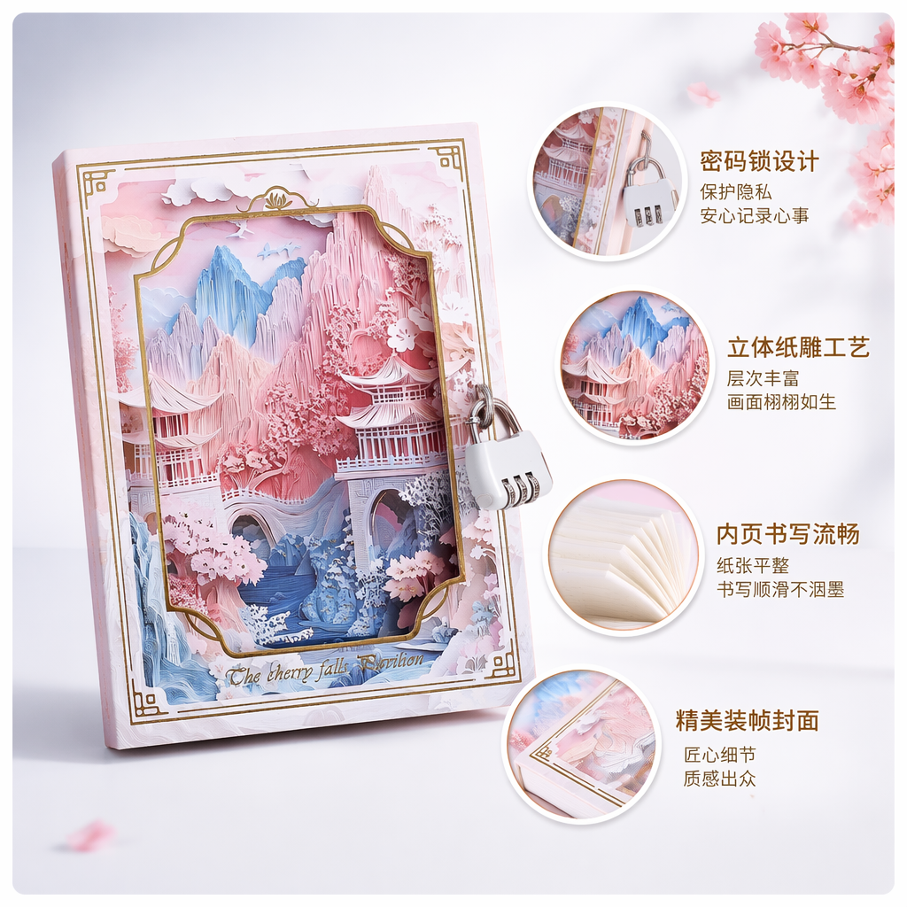 粉色樱花山水画锁盒创意收纳盒简约日系风