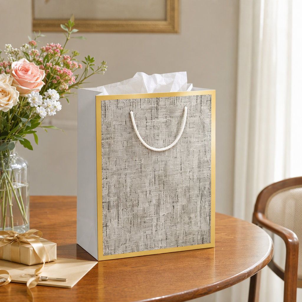 A large-sized, simple and high-end hand-held gift bag with a golden frame and gray and white texture details Picture