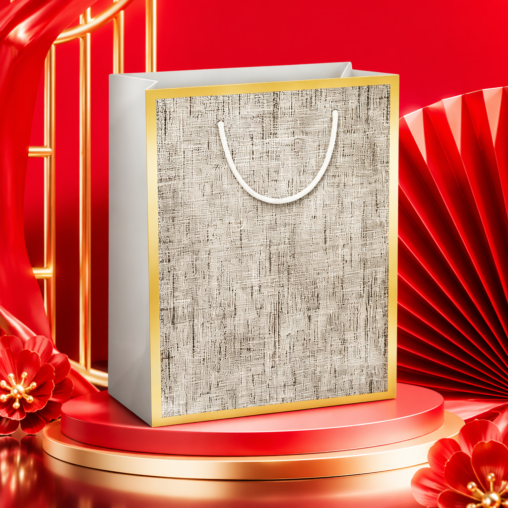 A large-sized, simple and high-end hand-held gift bag with a golden frame and gray and white texture Specification image