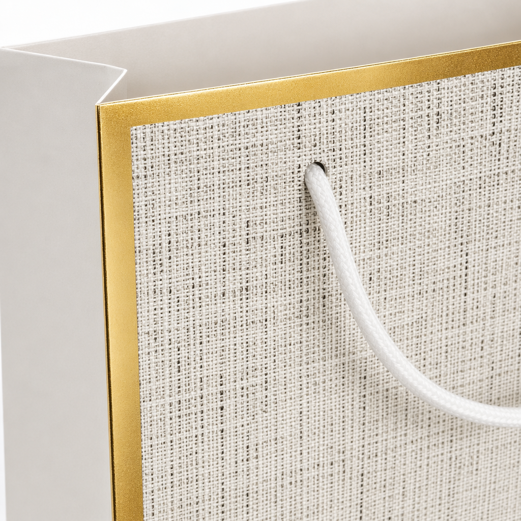 A large-sized, simple and high-end hand-held gift bag with a golden frame and gray and white texture Application Scenario