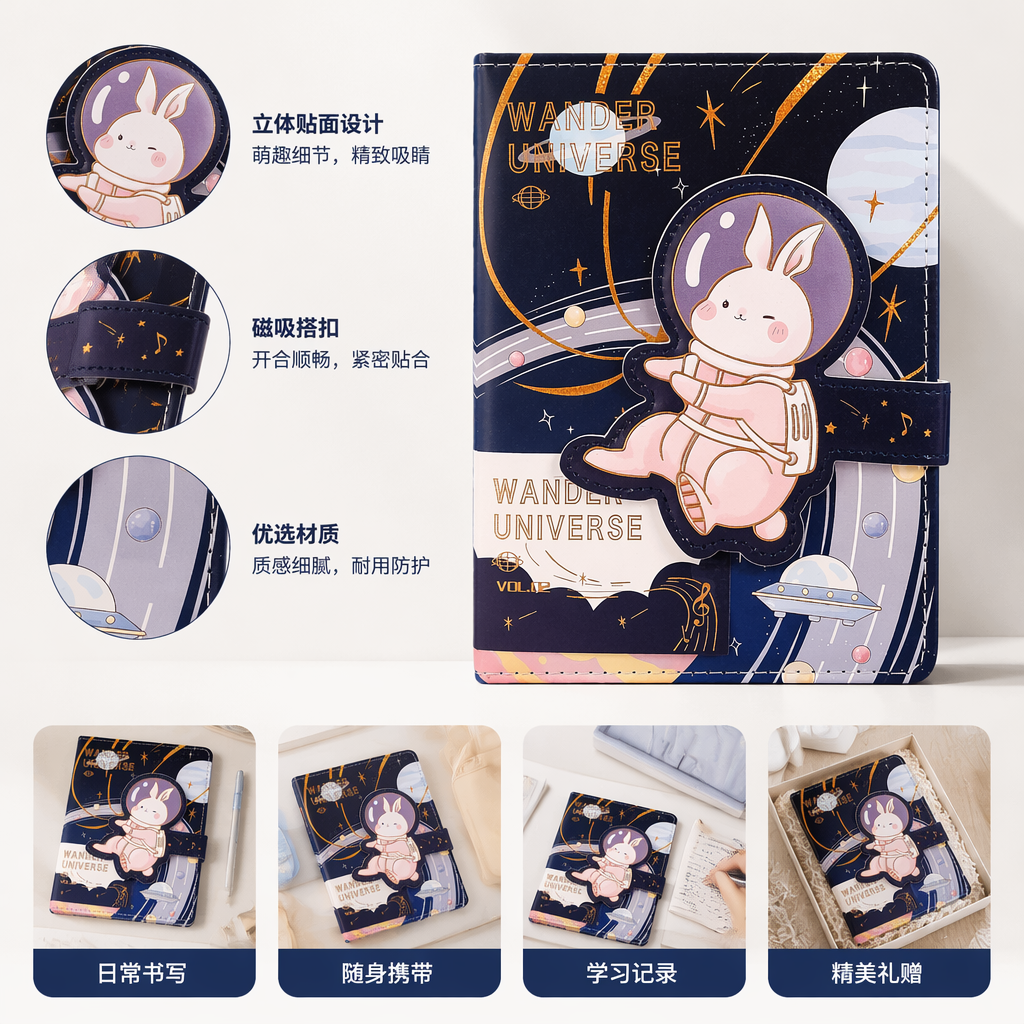 Deep blue starry sky theme notebook cover Space Rabbit 3D sticker WANDER UNIVERSE