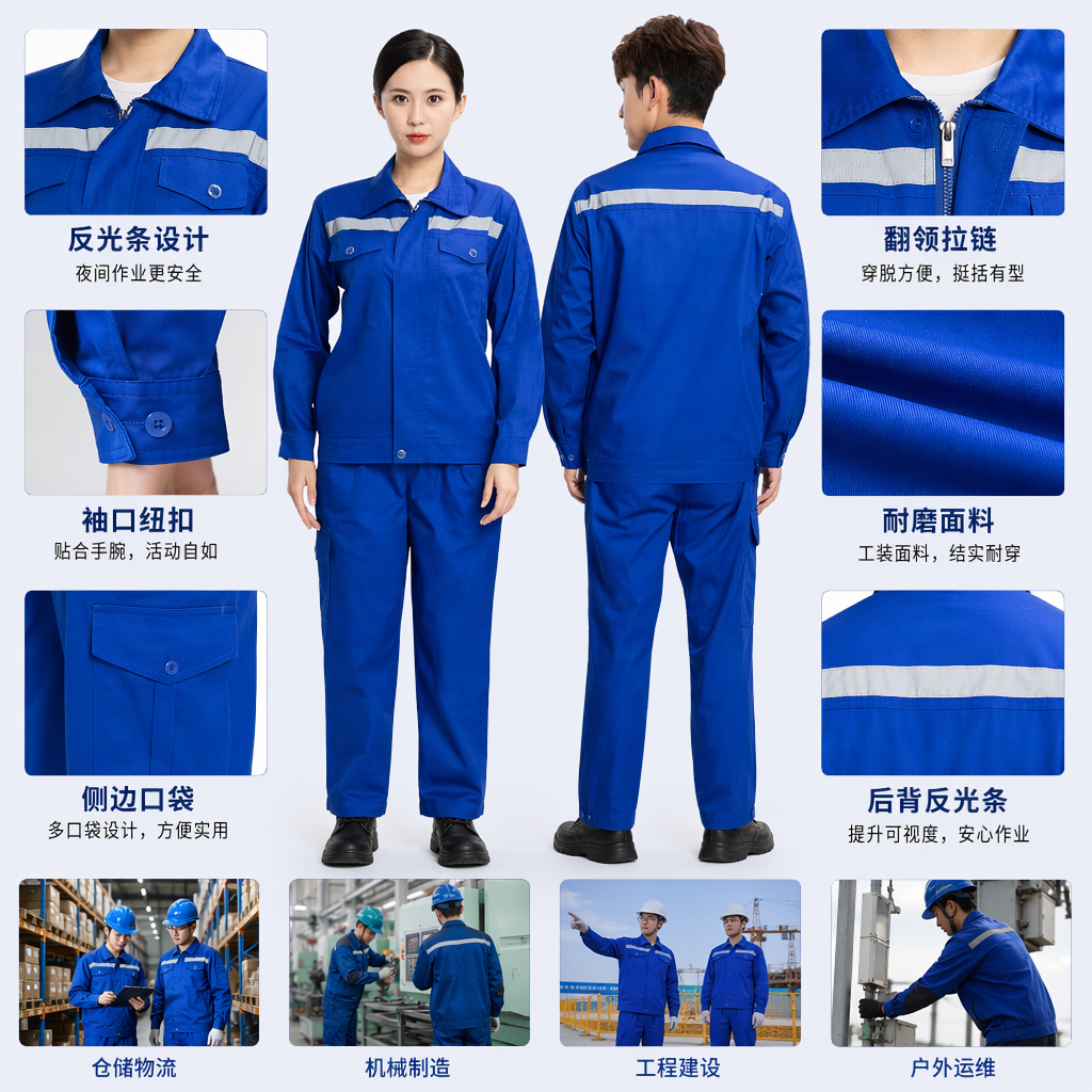 A real photo of a model in a blue work uniform set for both men and women