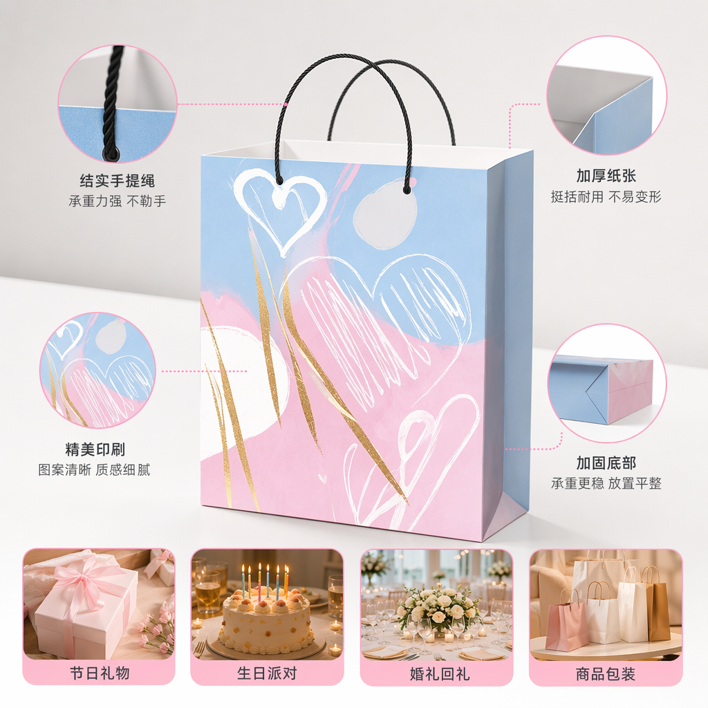 Blue and pink gradient heart-shaped pattern handbag, fashionable, simple and large-capacity shopping bag