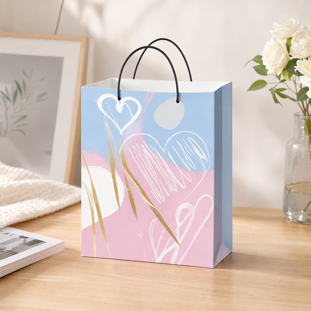 Blue and pink gradient heart-shaped pattern handbag, fashionable, simple and large-capacity shopping bag details Picture
