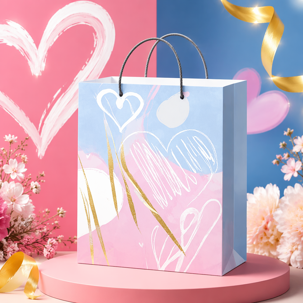Blue and pink gradient heart-shaped pattern handbag, fashionable, simple and large-capacity shopping bag Specification image