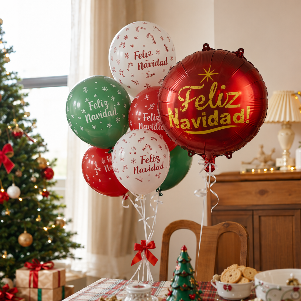 Christmas-themed balloon packaging set printed with the words "Feliz Navidad" in red, green and white details Picture