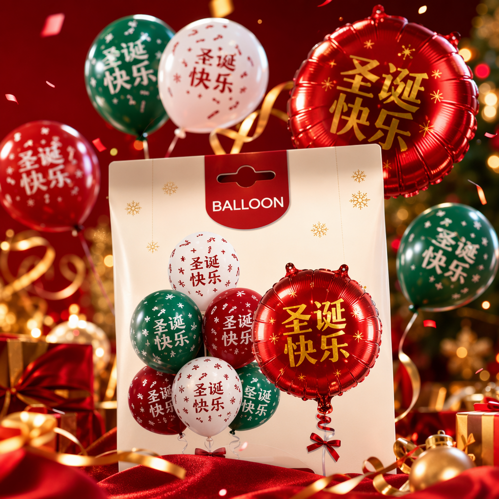 Christmas-themed balloon packaging set printed with the words "Feliz Navidad" in red, green and white Specification image