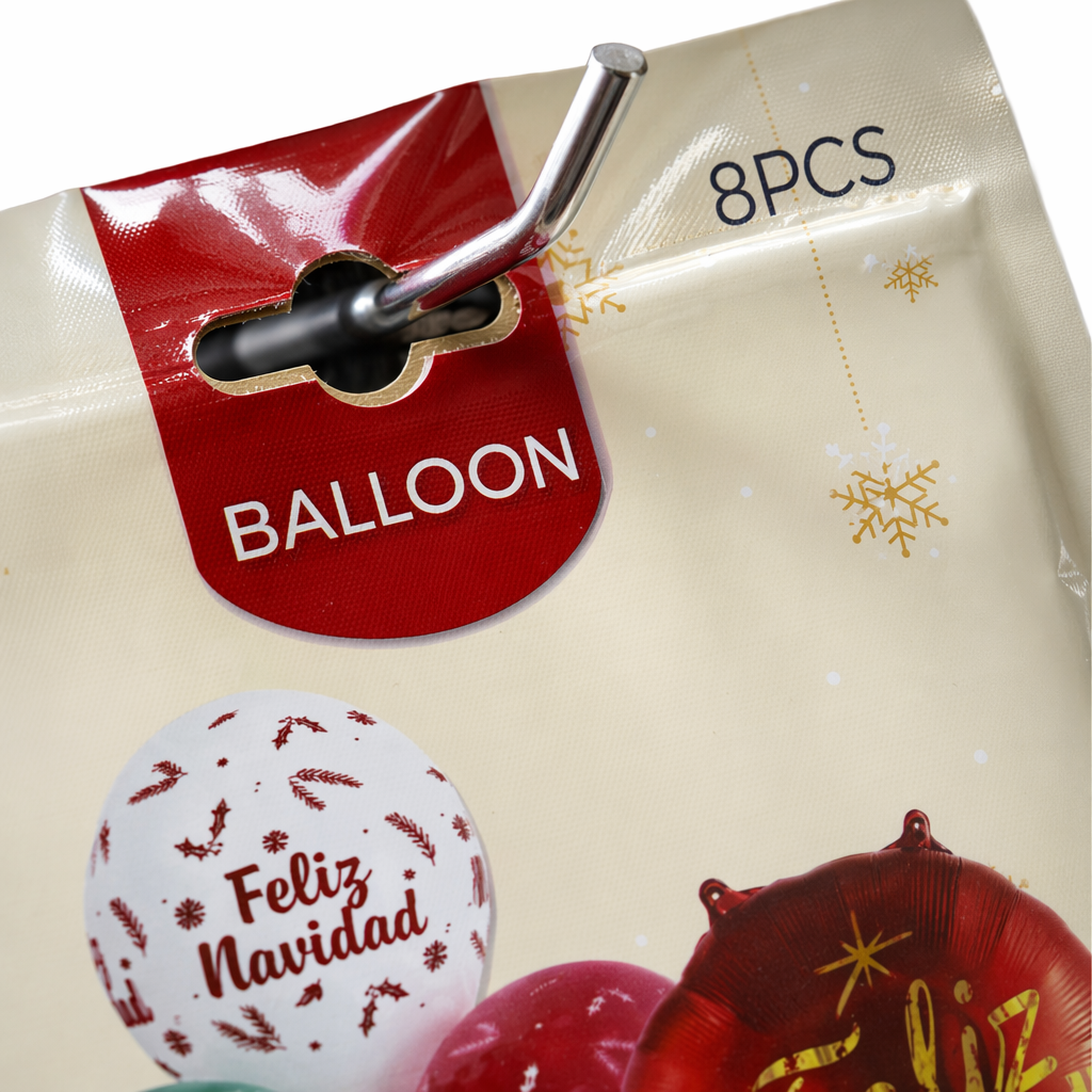 Christmas-themed balloon packaging set printed with the words "Feliz Navidad" in red, green and white Application Scenario