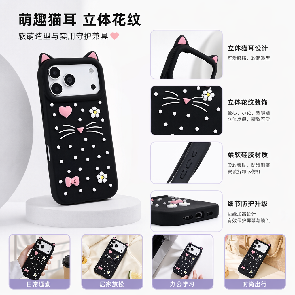 黑色灰色紫色猫耳手机壳 适用苹果华为小米通用