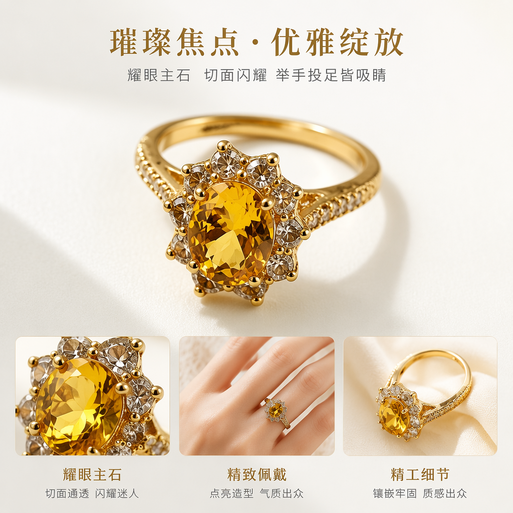 金色戒指中央镶嵌黄色主石周边环绕透明副石戒臂纹理装饰