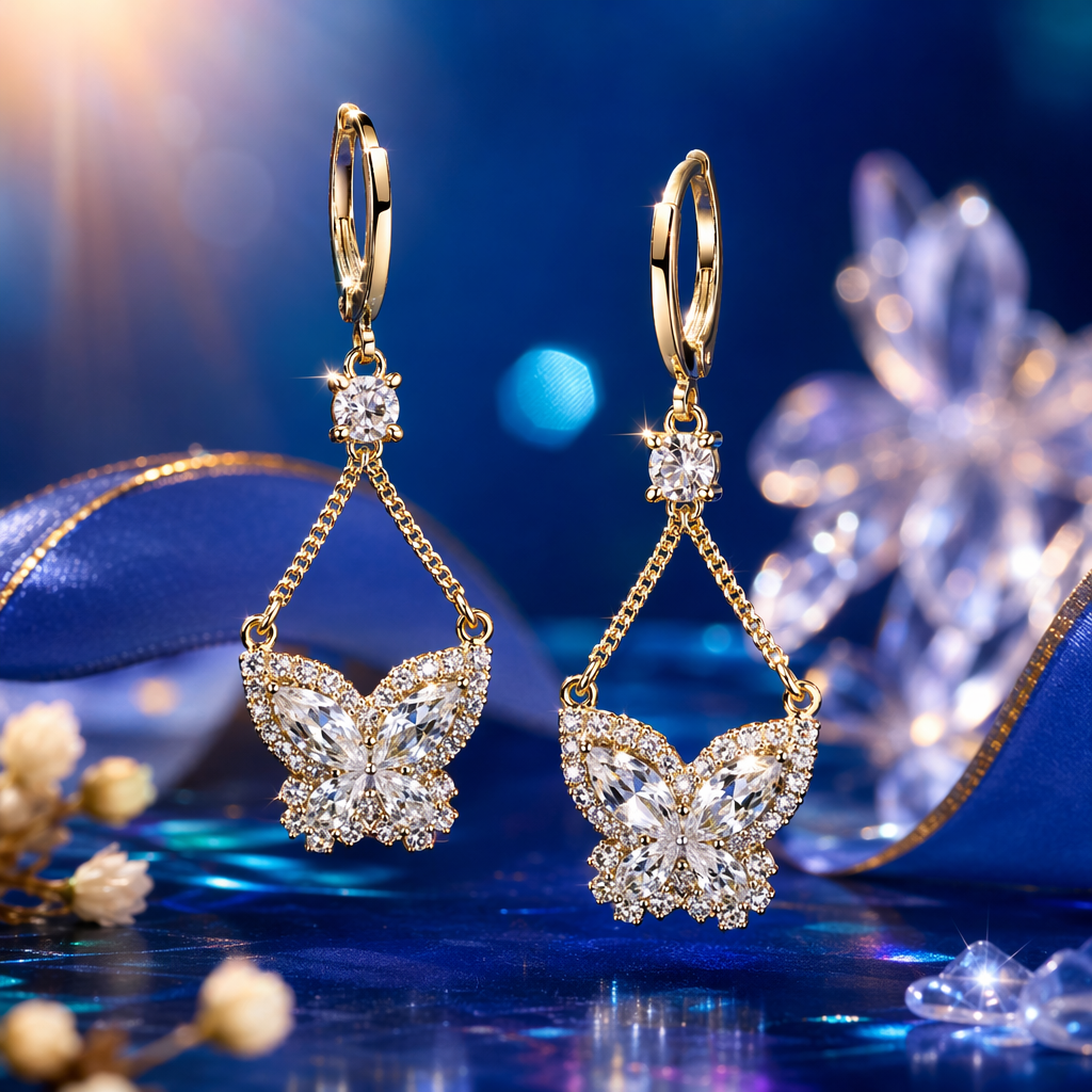 ANEIRA golden butterfly earrings set with transparent crystal suspension chains and 925 silver needles Specification image