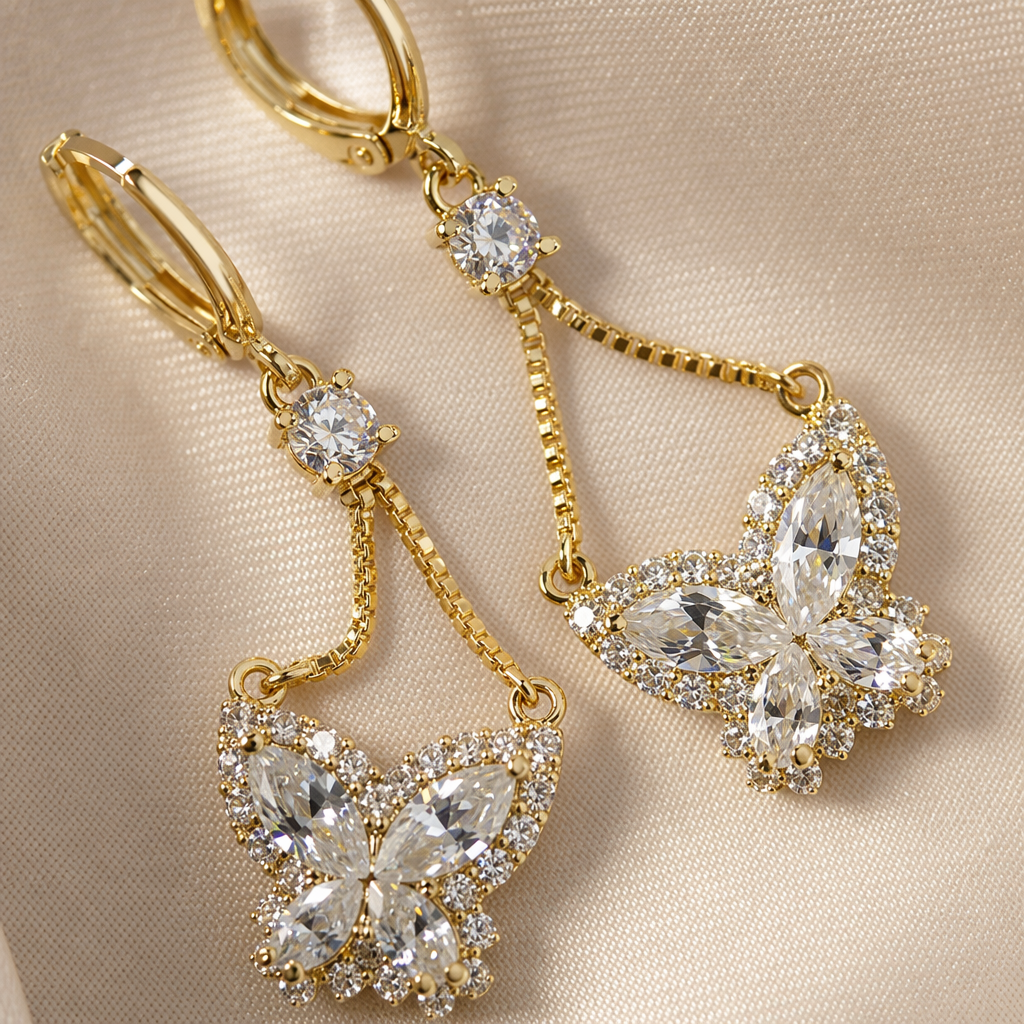 ANEIRA golden butterfly earrings set with transparent crystal suspension chains and 925 silver needles Application Scenario