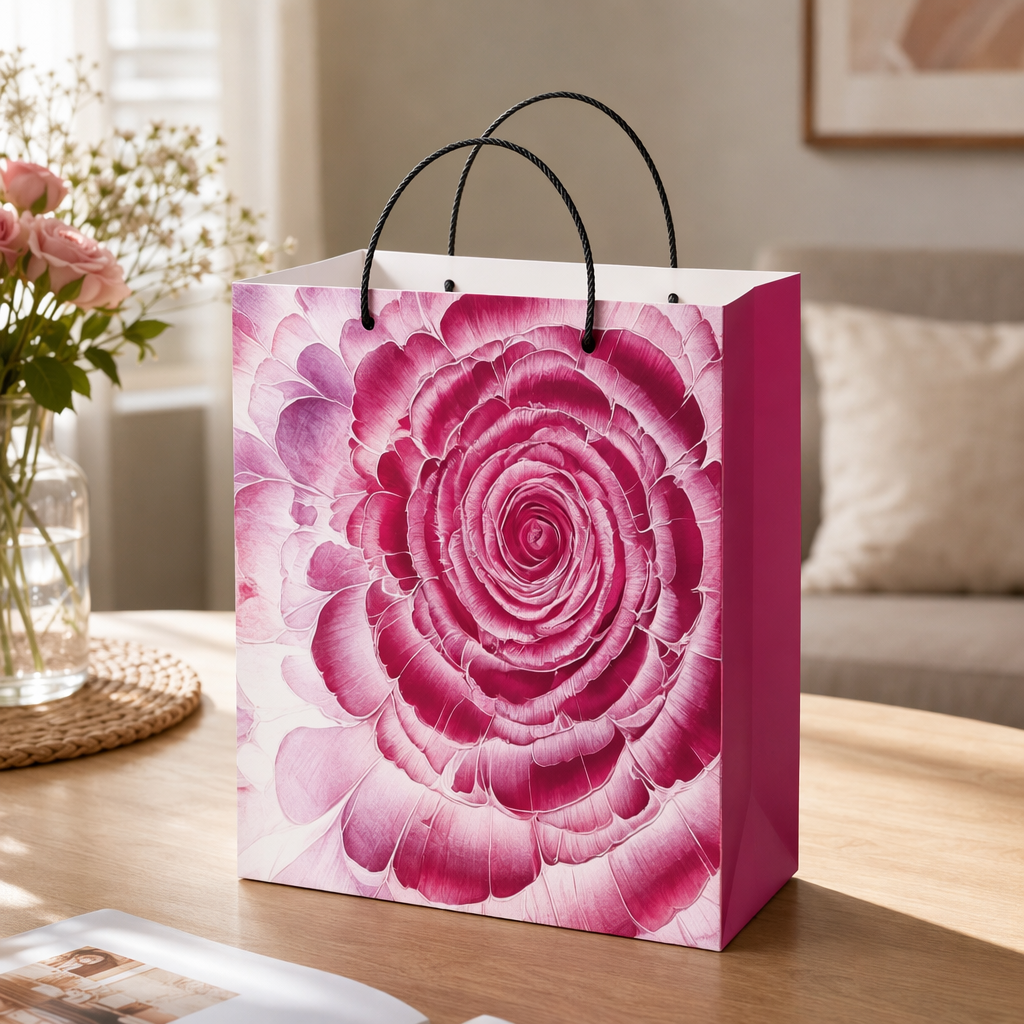 Pink rose pattern handbag, fashionable, simple and large-capacity shopping gift packaging bag details Picture