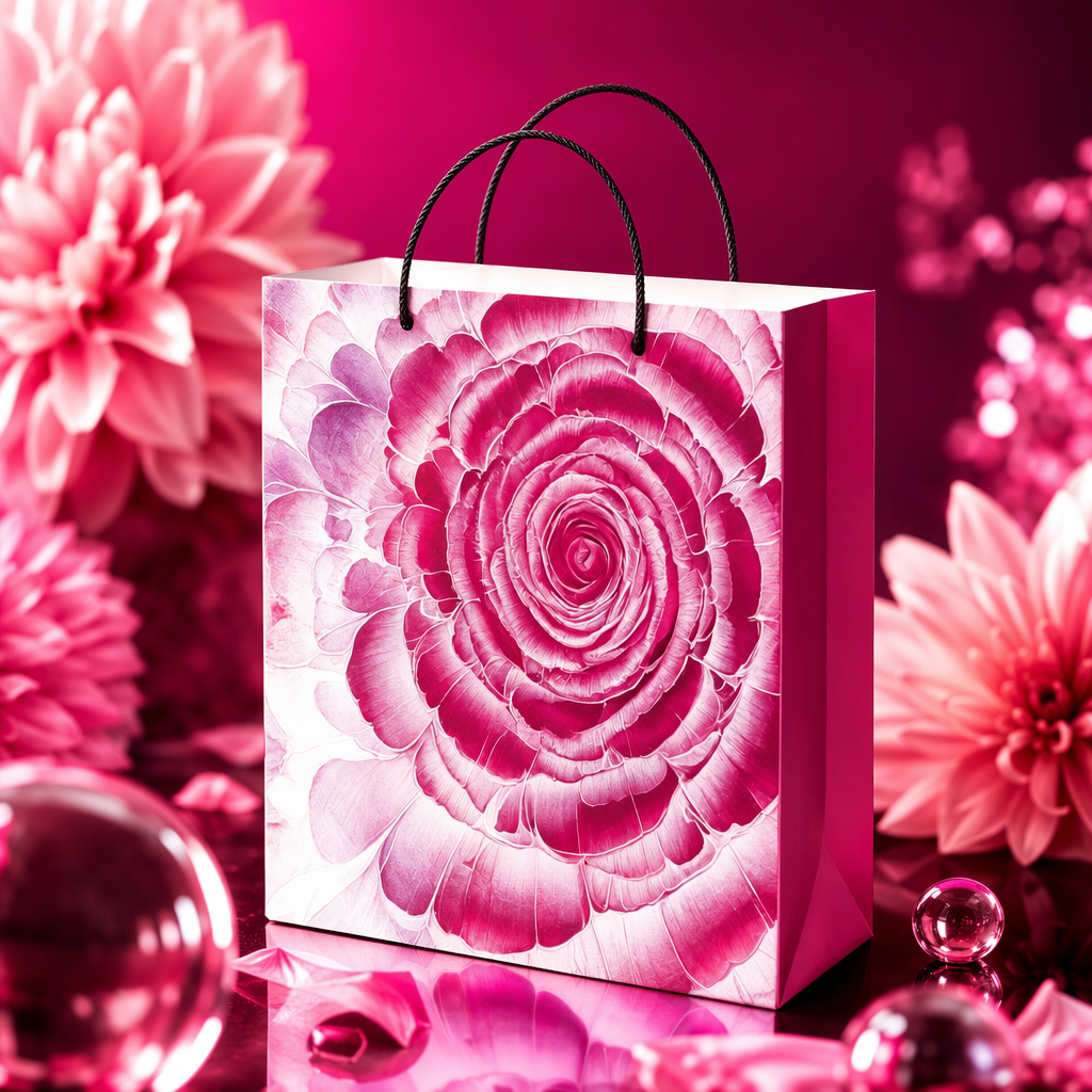 Pink rose pattern handbag, fashionable, simple and large-capacity shopping gift packaging bag Specification image