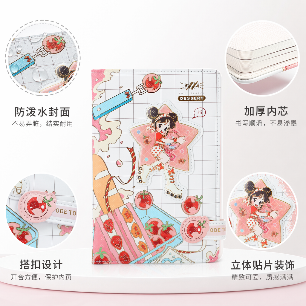 Pink dessert-themed cartoon notebook for students, A5 size, 120 pages inside