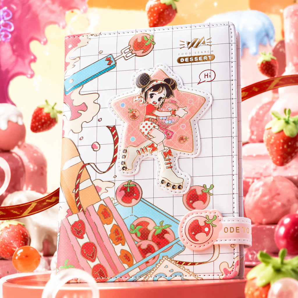 Pink dessert-themed cartoon notebook for students, A5 size, 120 pages inside Specification image