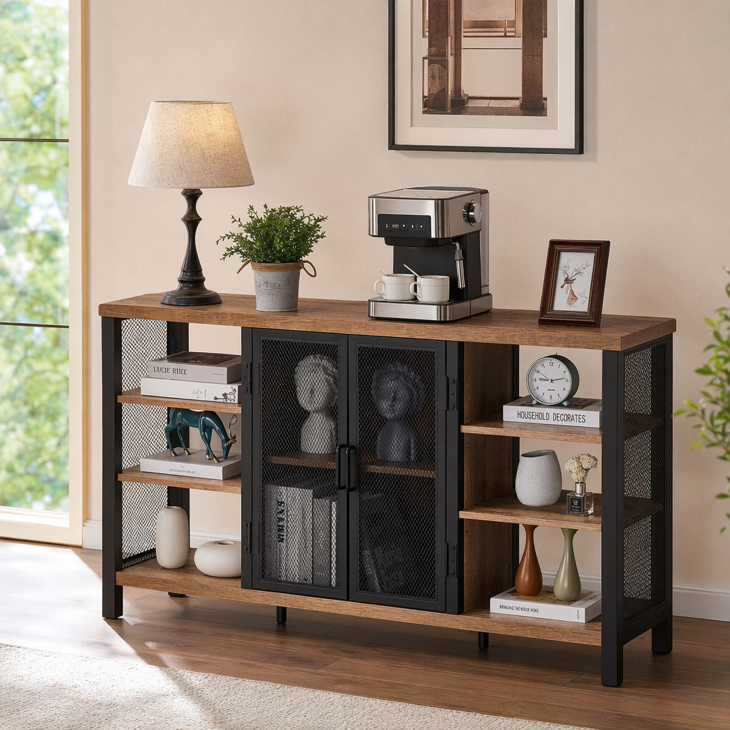 Wooden countertop, black metal frame shelf, simple and modern living room and bedroom storage furniture details Picture