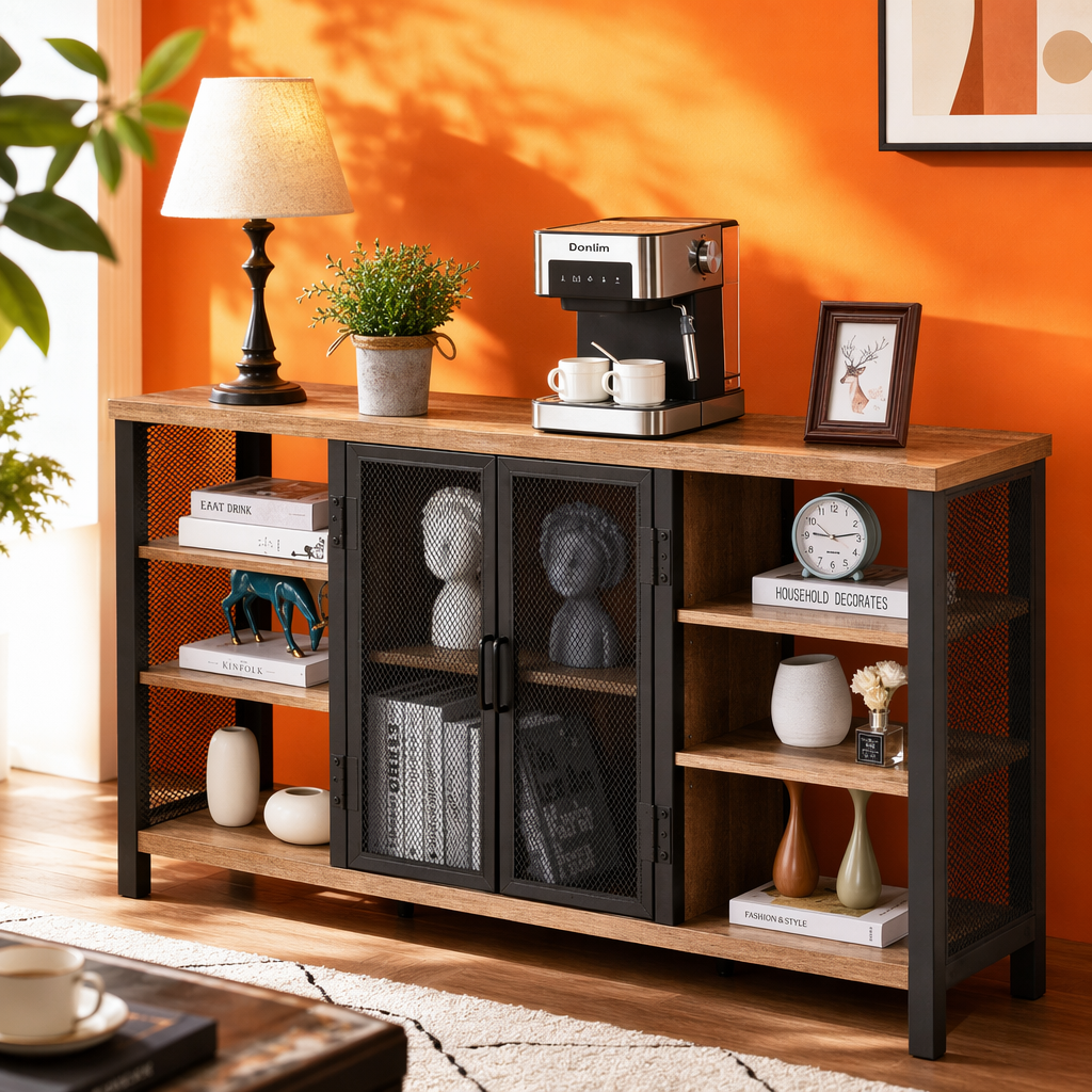 Wooden countertop, black metal frame shelf, simple and modern living room and bedroom storage furniture Specification image