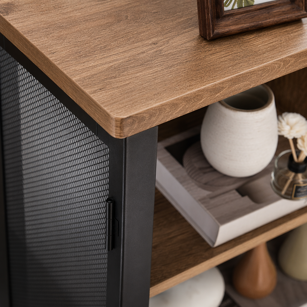 Wooden countertop, black metal frame shelf, simple and modern living room and bedroom storage furniture Application Scenario