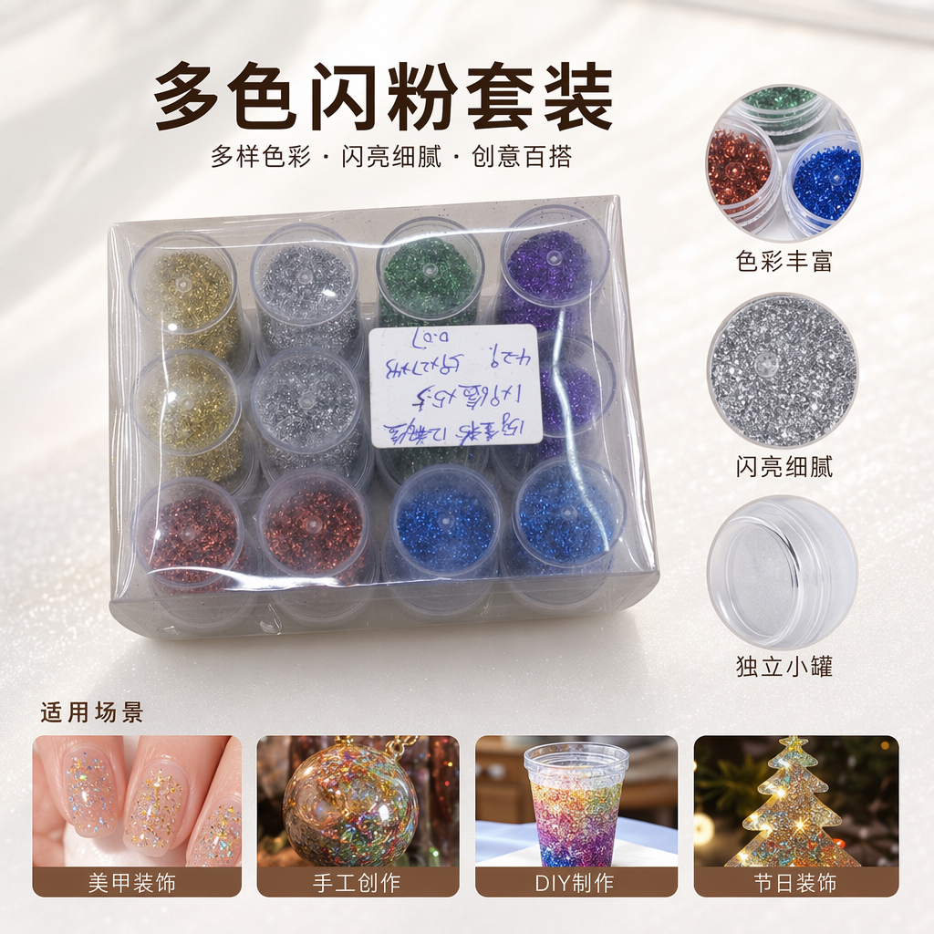 透明塑料盒装彩色亮片12罐小圆罐闪粉美甲装饰
