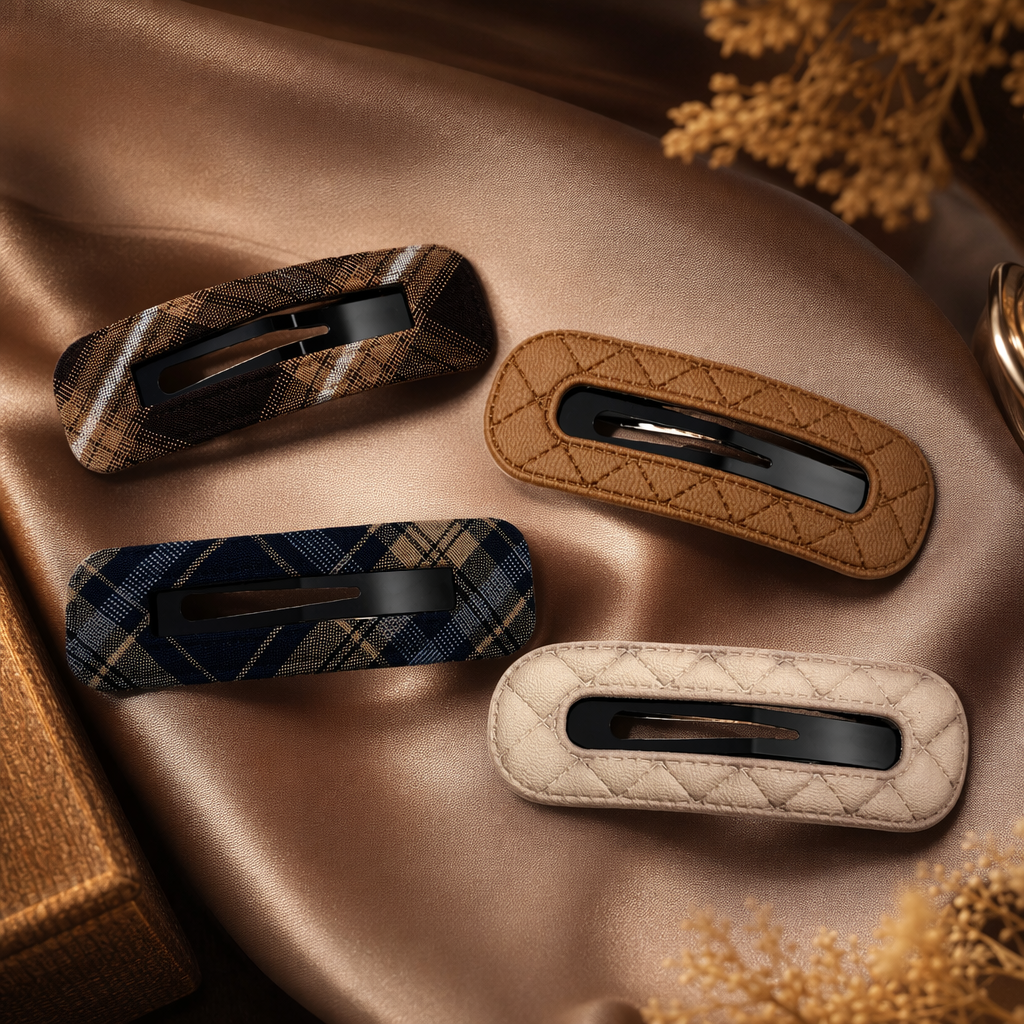 Four hairpins with checkered patterns and solid leather textures Specification image