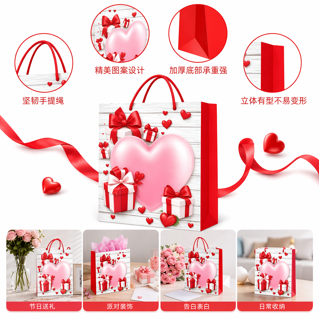 Red hand-held gift bag, white wood grain background, pink big heart, red and white gift box, red bow