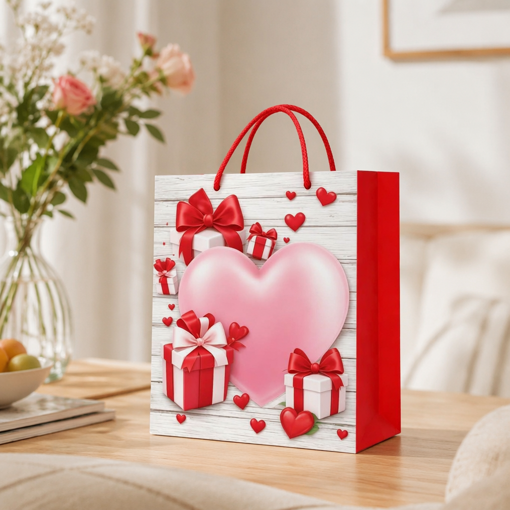 Red hand-held gift bag, white wood grain background, pink big heart, red and white gift box, red bow details Picture
