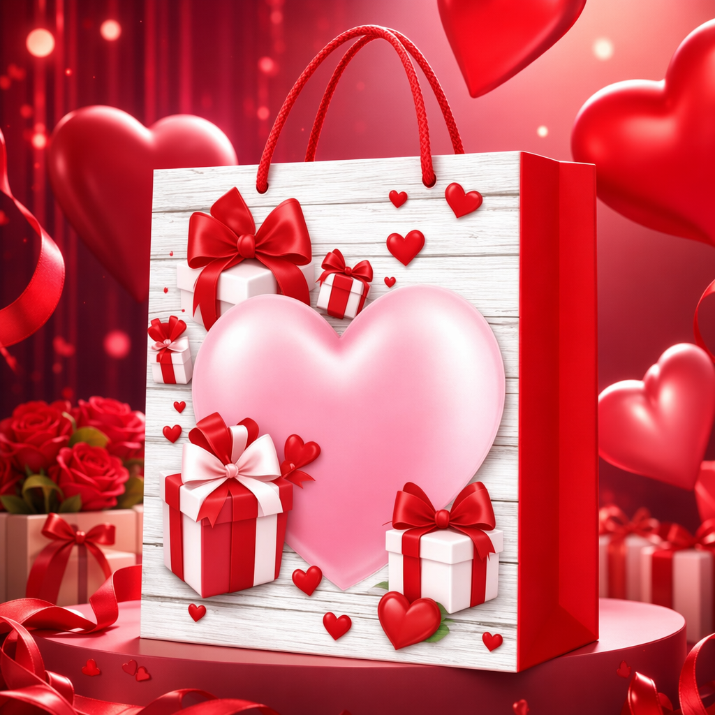 Red hand-held gift bag, white wood grain background, pink big heart, red and white gift box, red bow Specification image