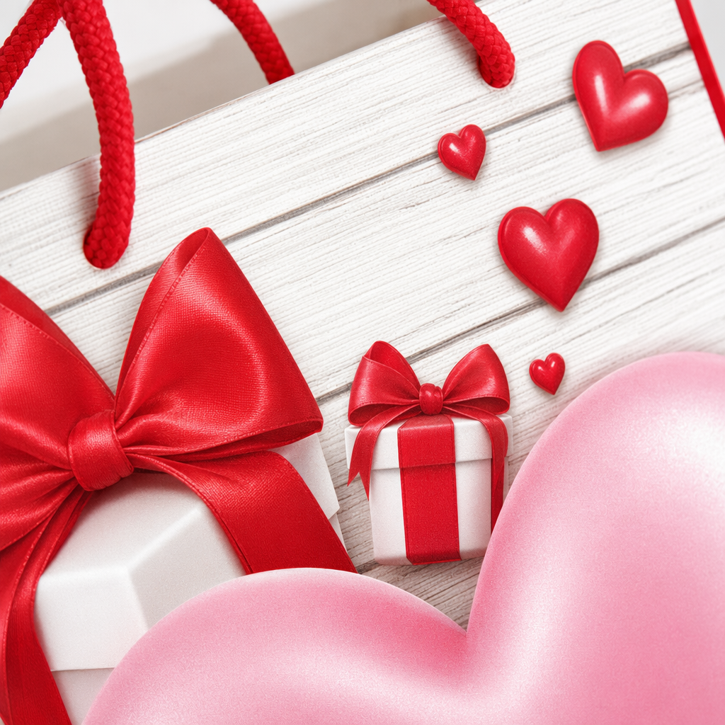 Red hand-held gift bag, white wood grain background, pink big heart, red and white gift box, red bow Application Scenario